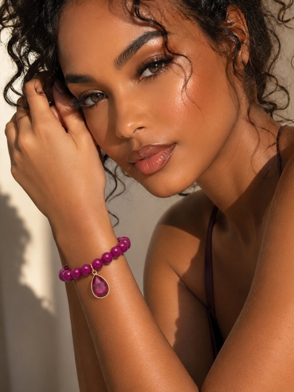 Magenta Beaded Stretch Bracelet with Teardrop Crystal Charm